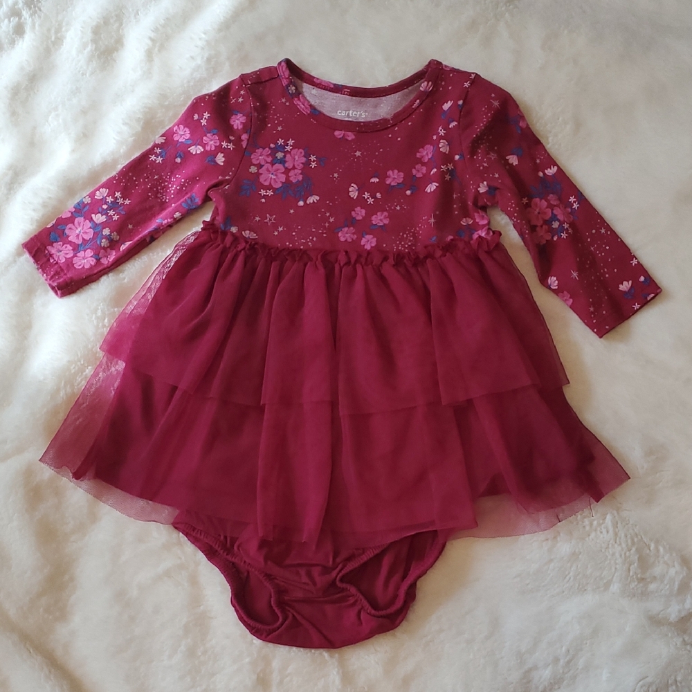 Carter's Burgundy Long Sleeve Baby Dress with Floral Pattern And Tulle Skirt